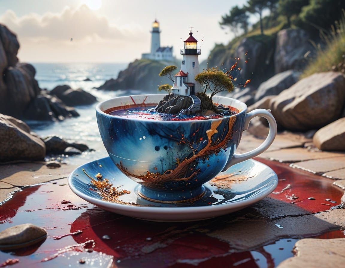 Surreal Bloodmoonscape with Lighthouse in Aframov Watercolor...