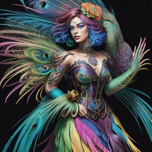 Rainbow Woman with Peacock Feathers in Comic Art