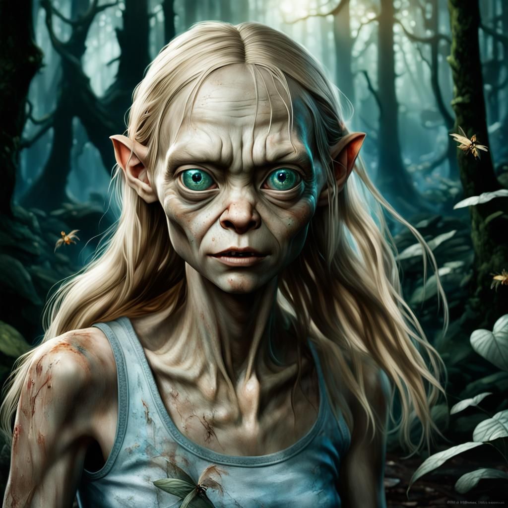 Woman with Gollum Head in Dark Forest: Ultra-HD