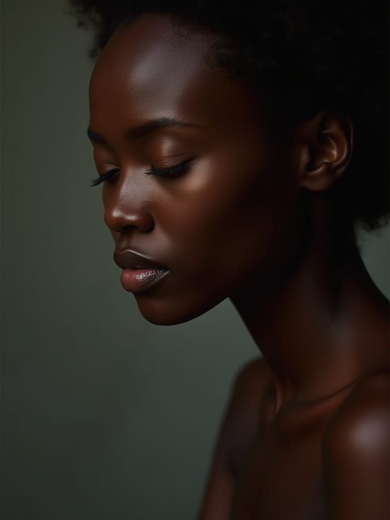 A Dark-Skinned Woman's Radiant Glow Under Soft Gentle Light