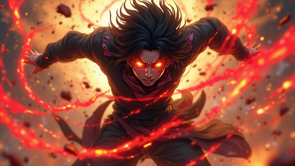 Muzan Kibutsuji Slashes with Glowing Tendrils in Anime Style