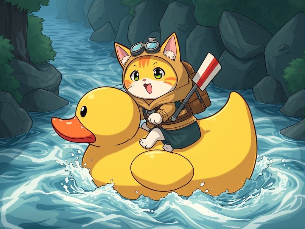 Cyberpunk Cat Adventures Down Turbulent River