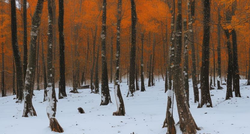 First Snowfall in Autumn Forest Clearing