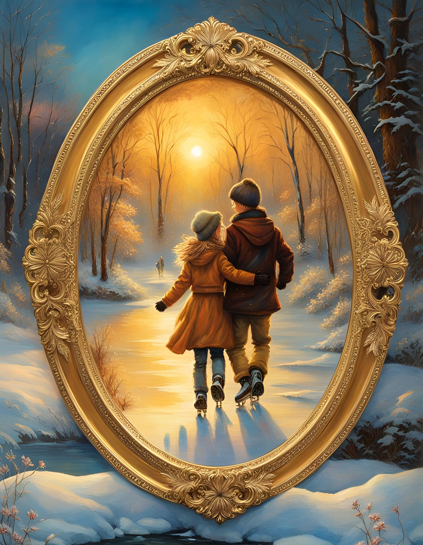 Skaters in Winter Landscape Within Golden Frame