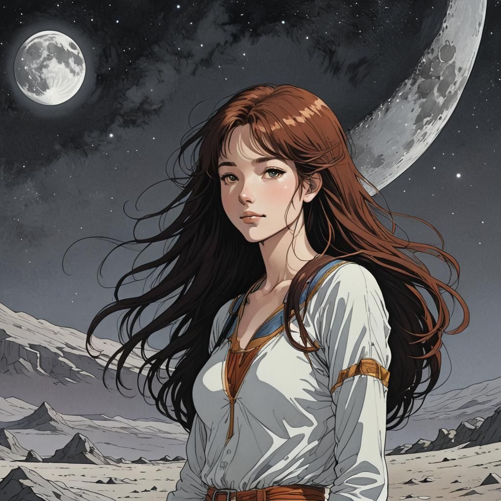 Nude Redhead on the Moon in Moebius Style