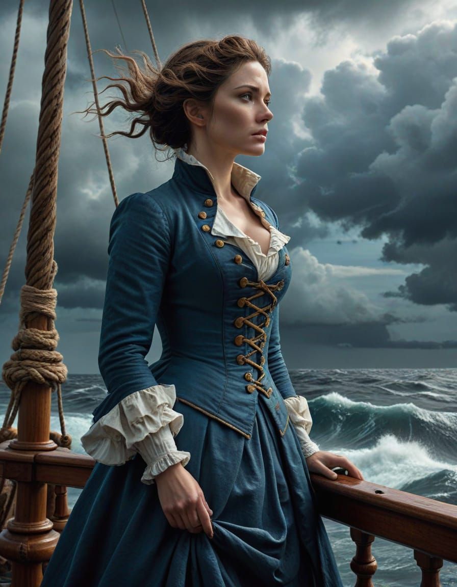 Woman on Ship Deck Gazing at Stormy Seas