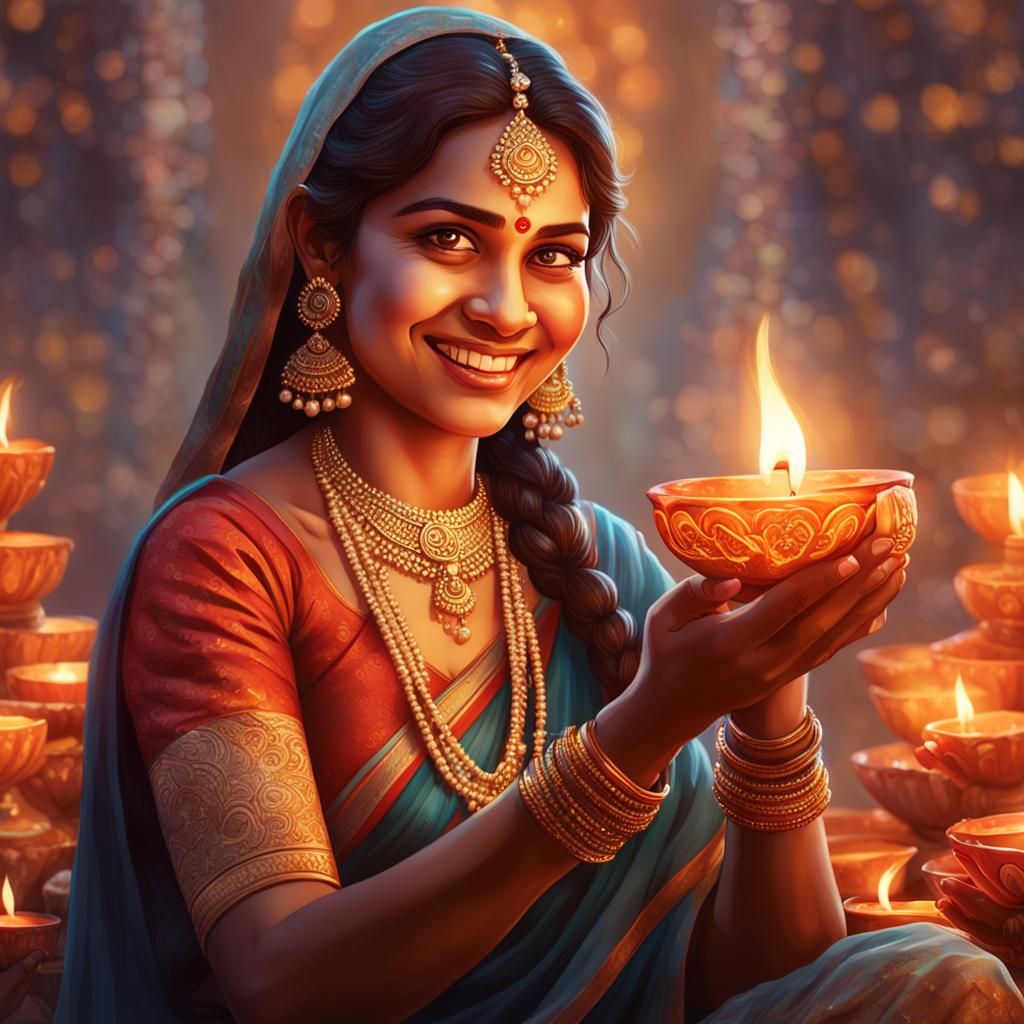 Happy Indian Women Lighting Diyas: Hyperdetailed Portrait