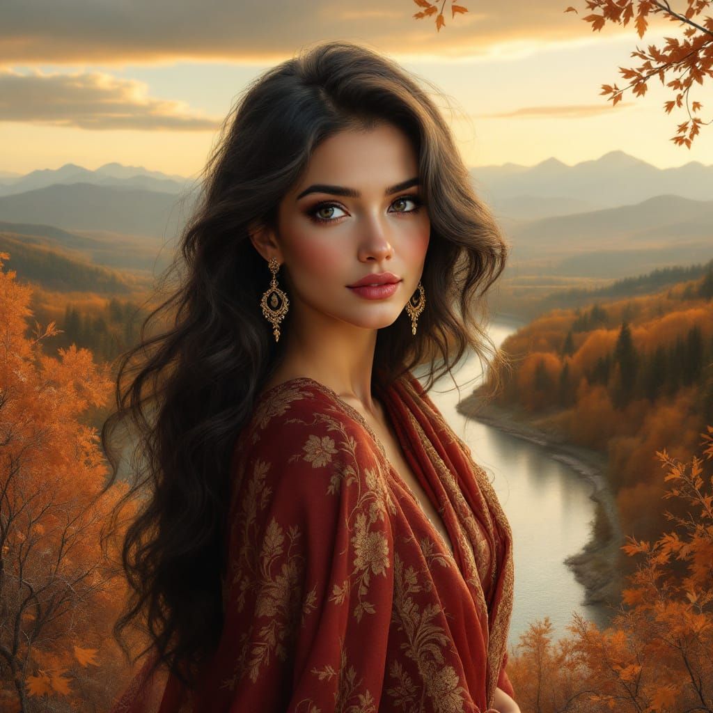 Autumn Landscape Digital Art: Woman in Ornate Shawl