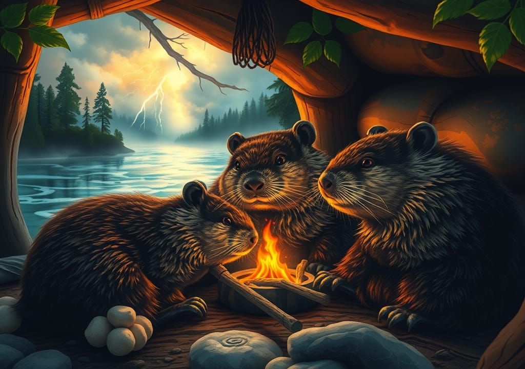 Cozy Beavers in Lodge During Storm, Digital Painting