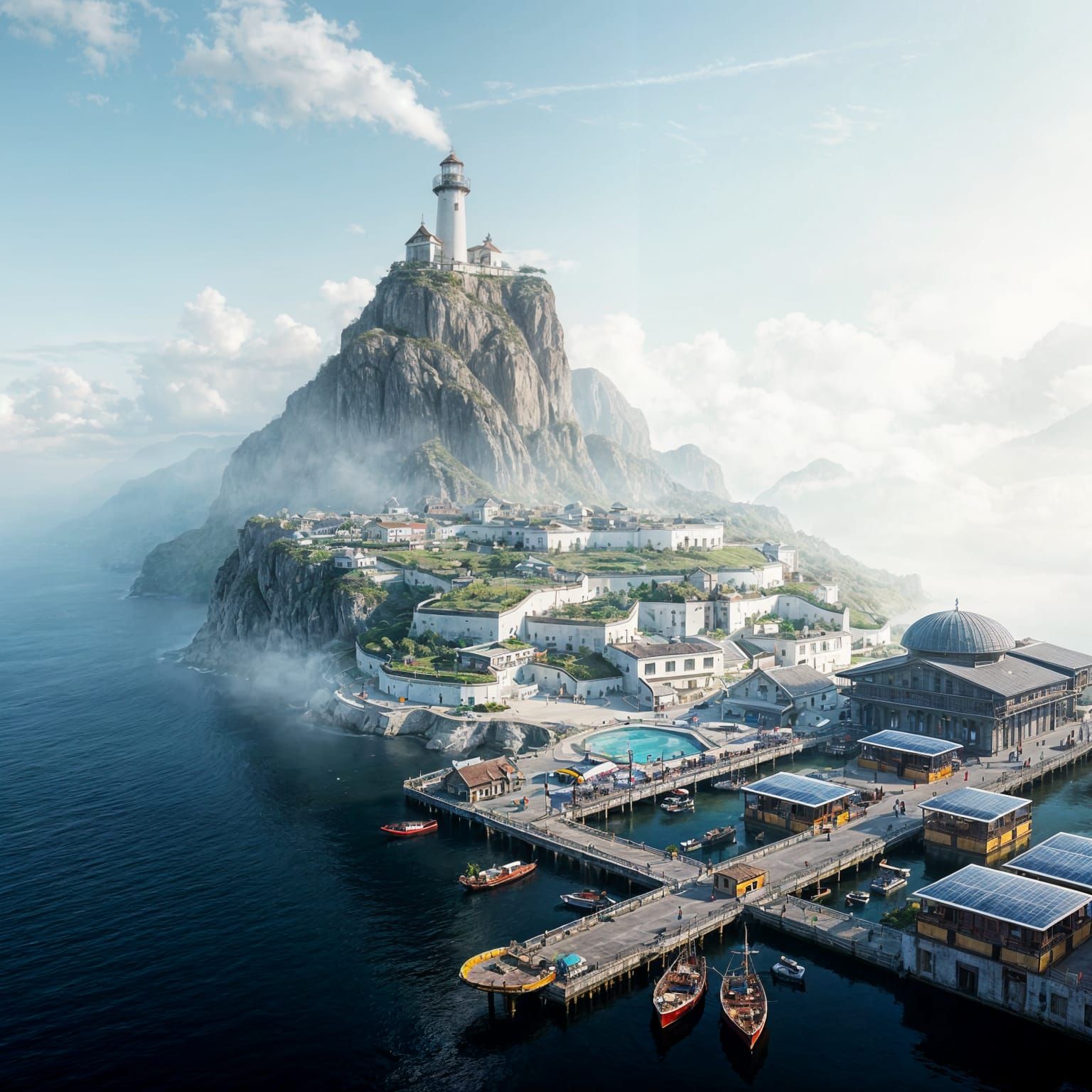 Mountain Island with Lighthouse in Mist, Abstract Vector Fra...