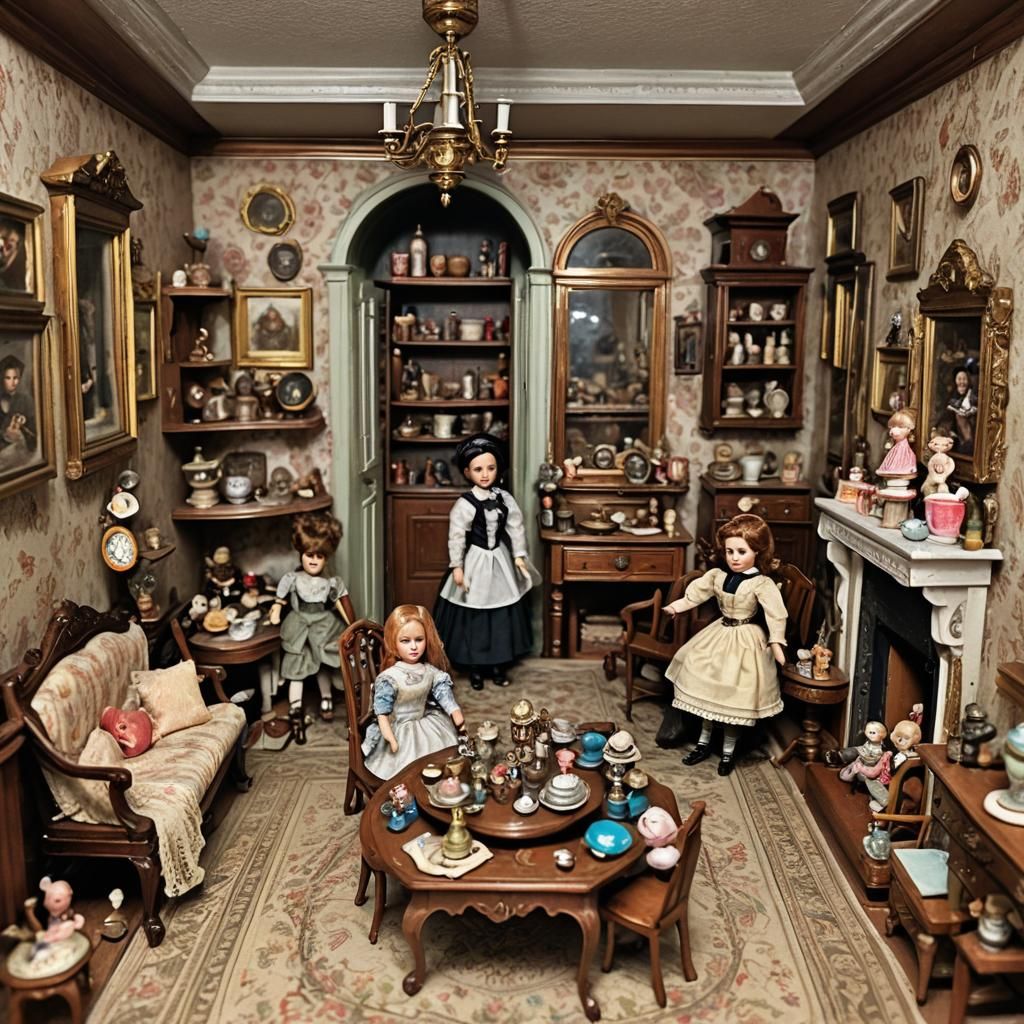 Victorian Dollhouse Interior with Miniature Dolls