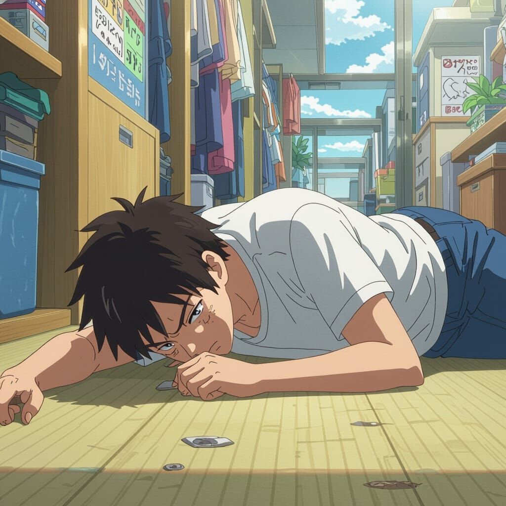 Anime Guy Listening to Floor, Stylized Digital Art