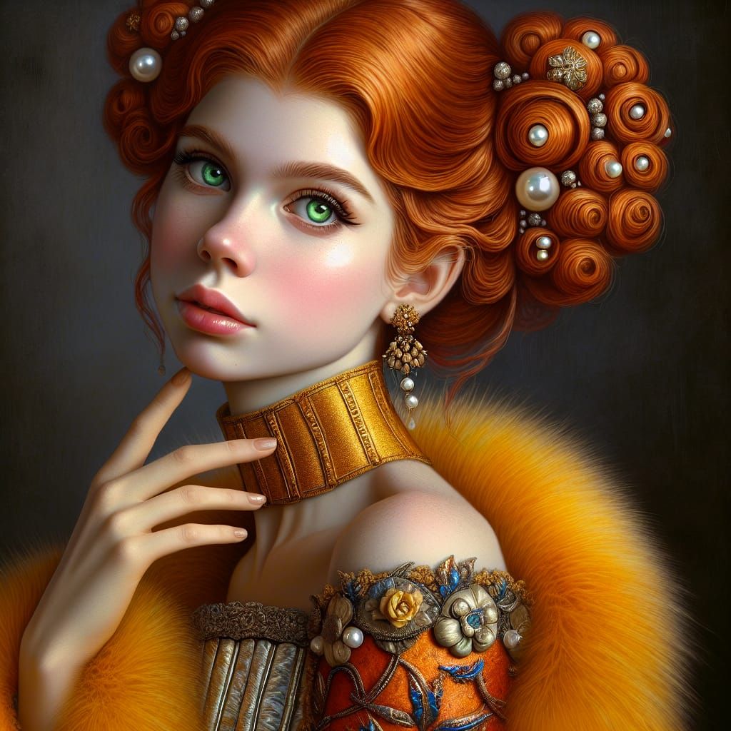 Elegant Renaissance Woman with Whimsical Hair and Ornate Acc...