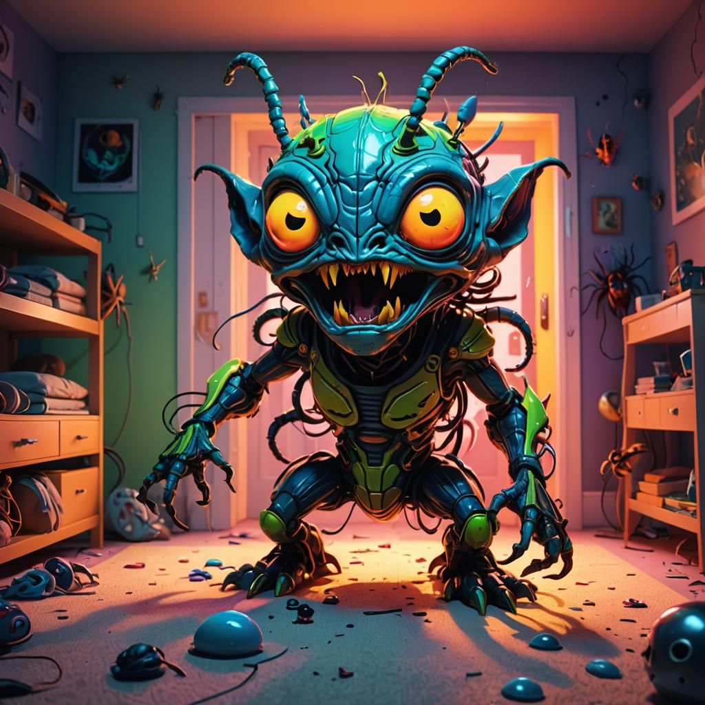 Grotesque Insectoid Alien Scares Toddler: Digital Illustrati...