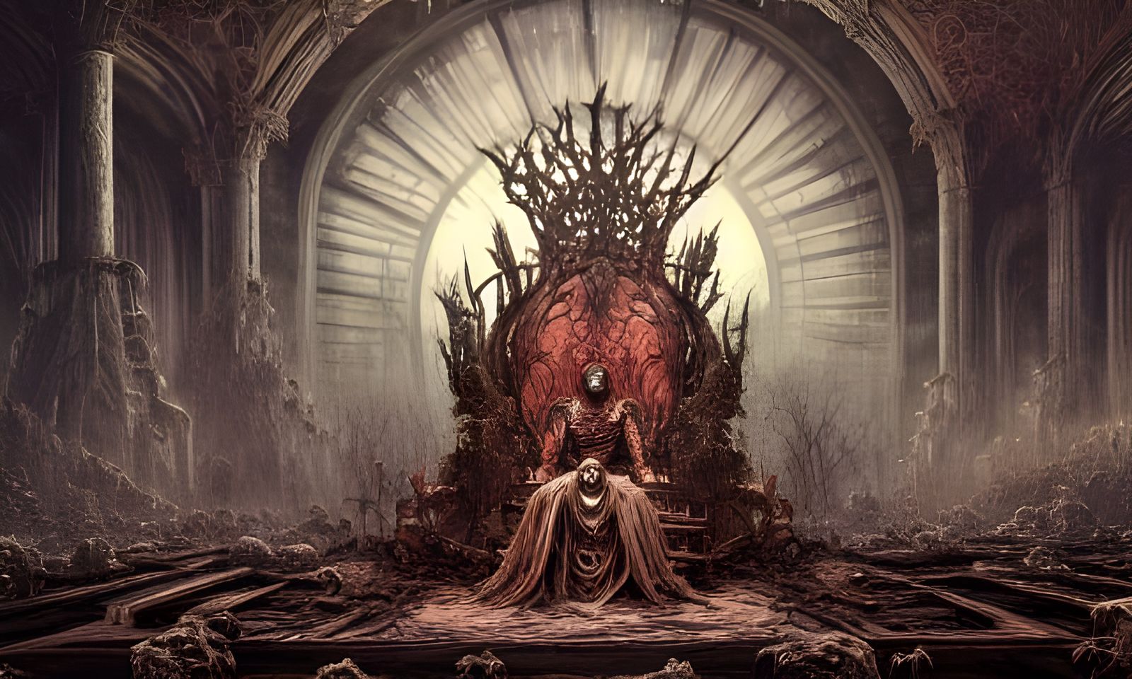Withered King on Bone Throne in Colossal Hall