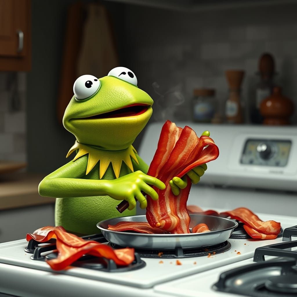 Kermit the Frog Sizzles Bacon on the Stovetop in Photorealis...