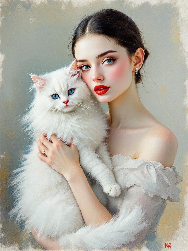 Woman with Cat in Impressionistic Pastel Style