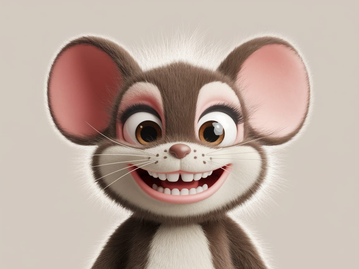 Cute Cartoon Mouse with Big Smile and Fluffy Fur