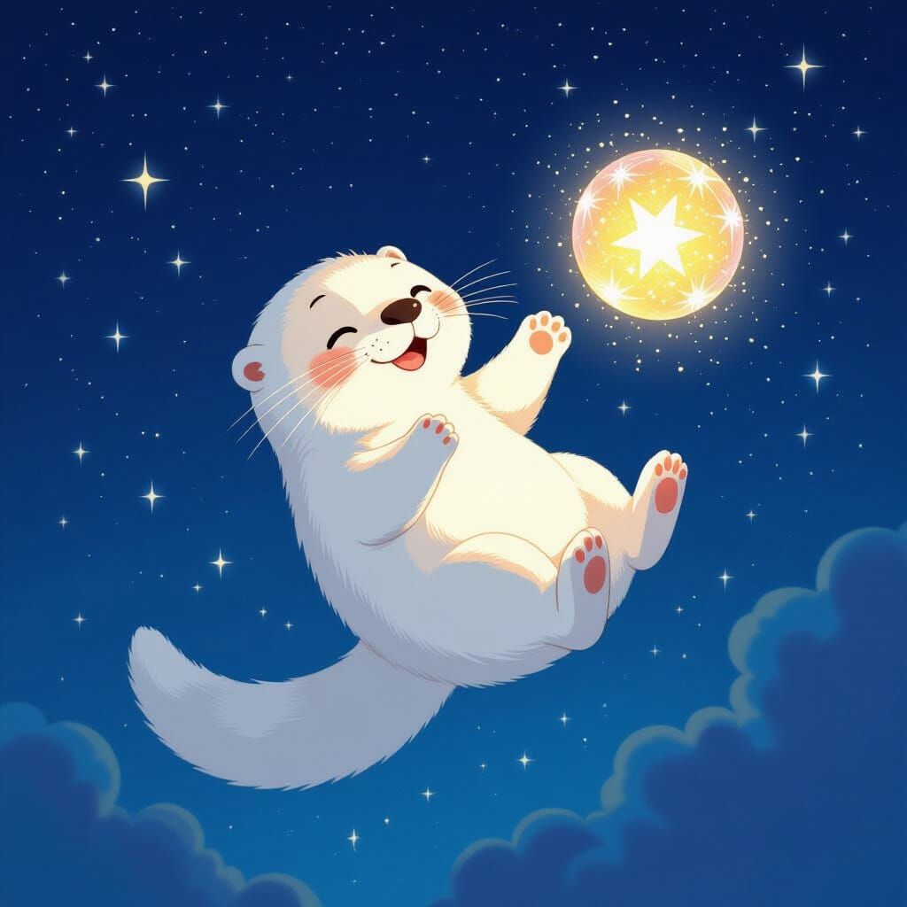 White Otter Flies Through Starry Sky, Playing with Stardust ...