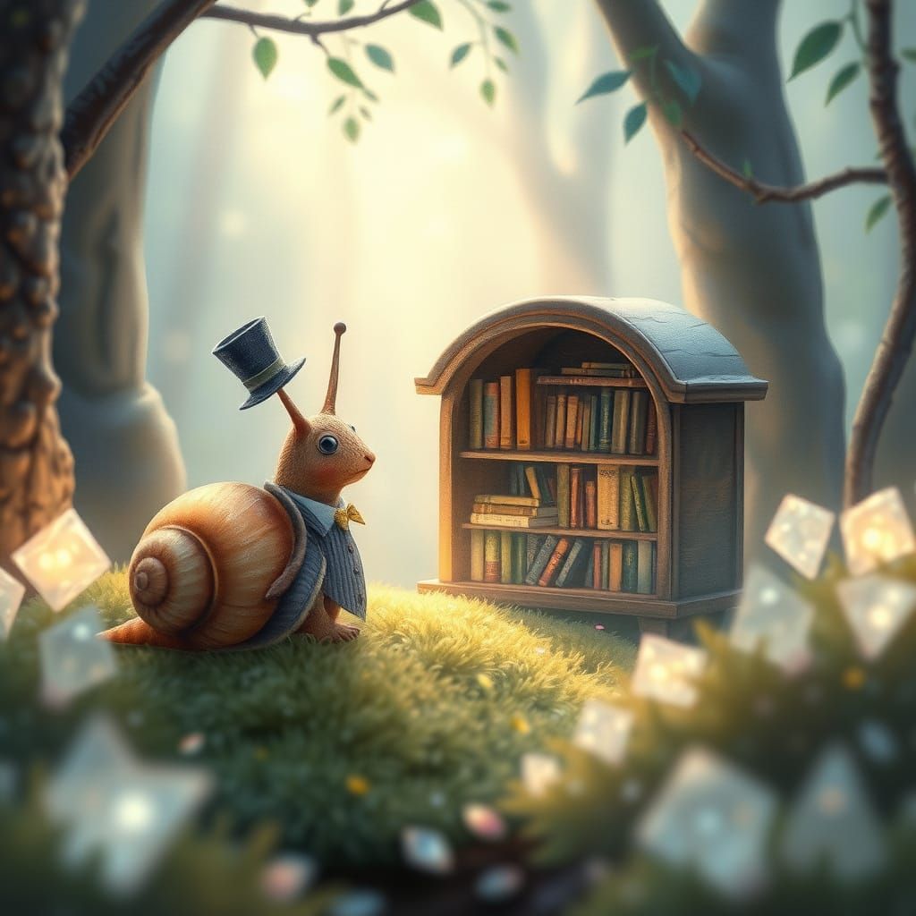 Snail in Top Hat Finds Glowing Book Library