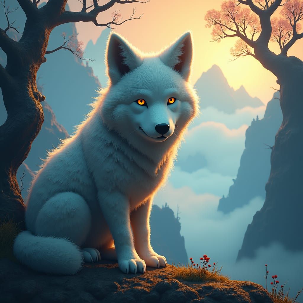 Majestic Wolf in Dreamlike Landscape, Matte Painting