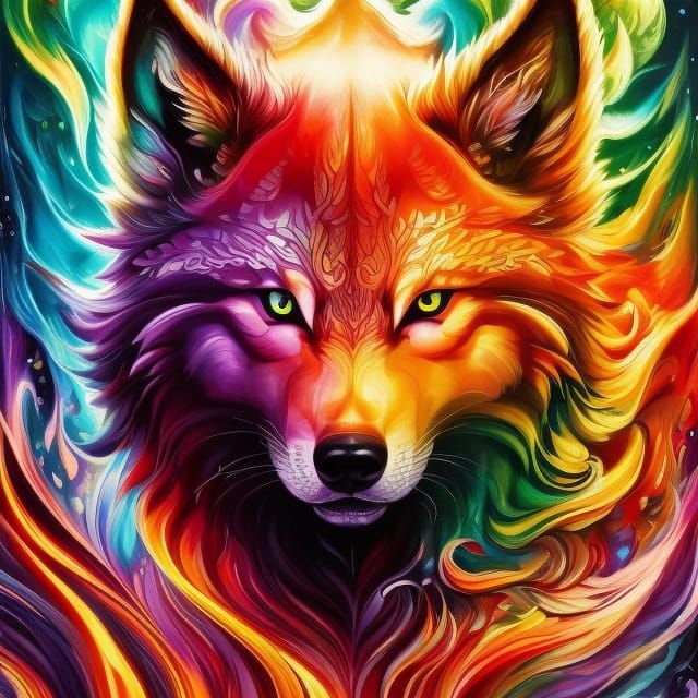Detailed Chibi Wolf in Rainbow Explosion
