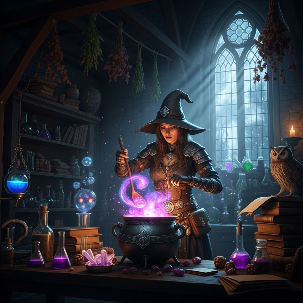 Witch Brewing Potion in Ancient Lab