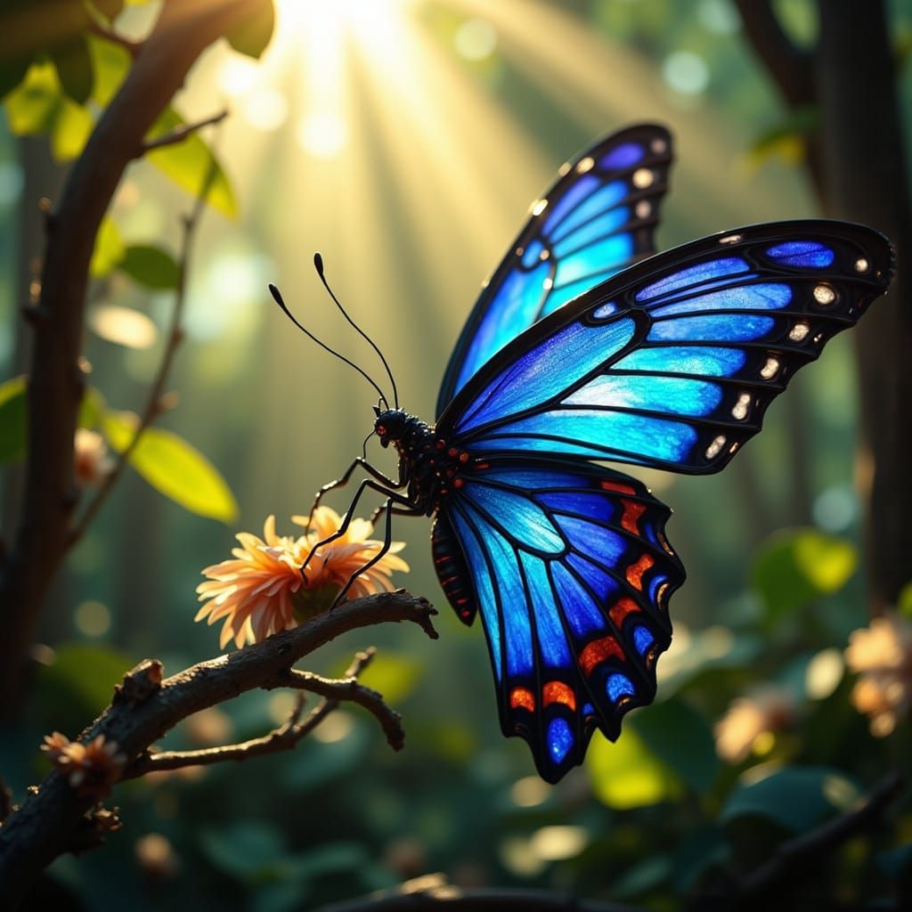 Photorealistic Blue Butterfly With Stained Glass Wings