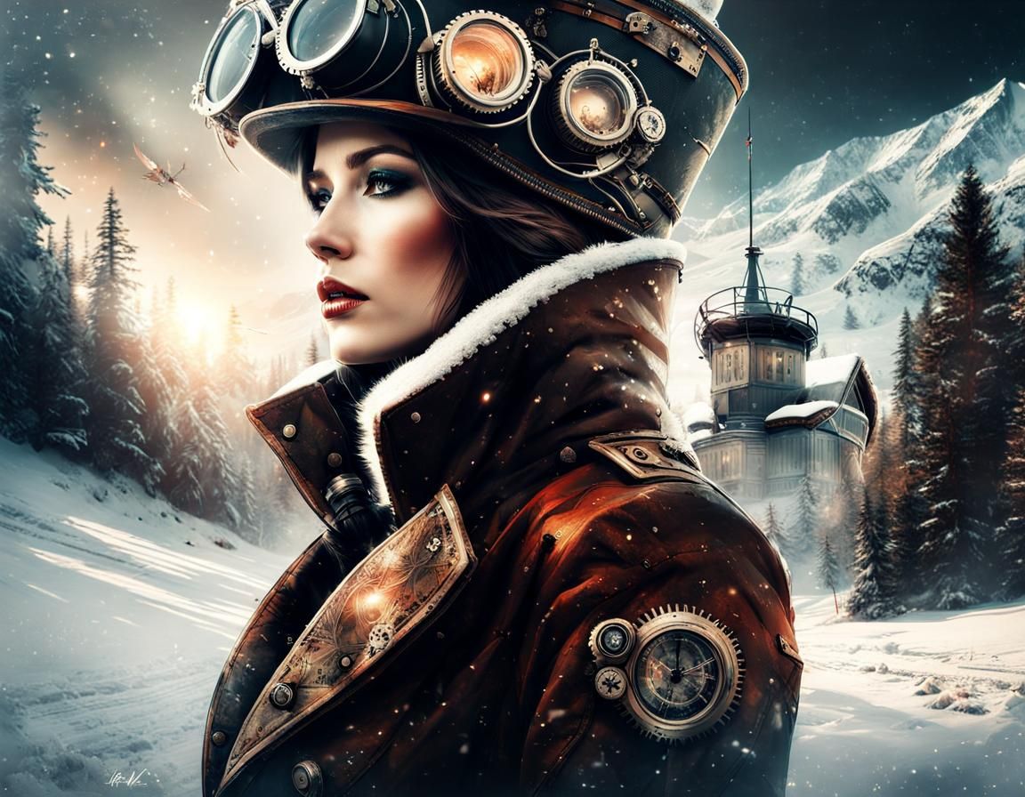 Steampunk Winter Landscape Double Exposure