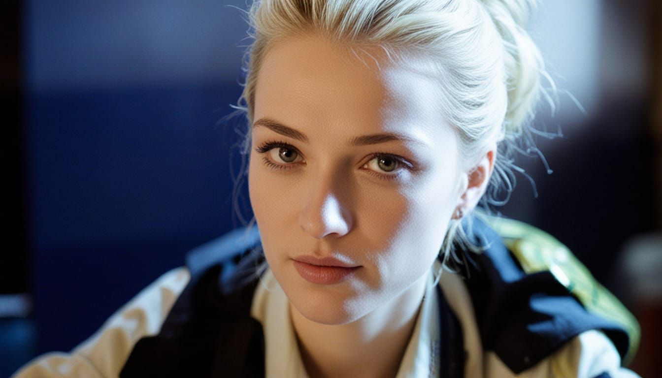 A blonde girl in a sand-yellow uniform with a "Gorsvet" patc...