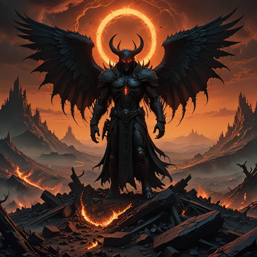 Majestic Lucifer Standing Amidst Hellish Ruins in a Blazing,...