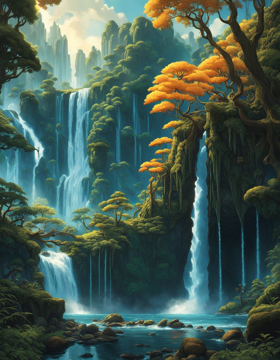 Whimsical Waterfall in a Dreamlike Fantasy Garden