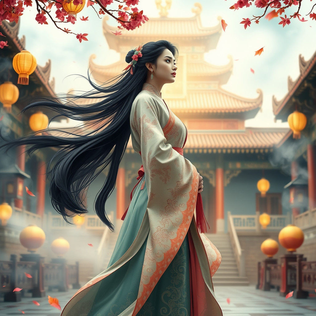 Ethereal Chinese Queen in Ancient Palace Courtyard