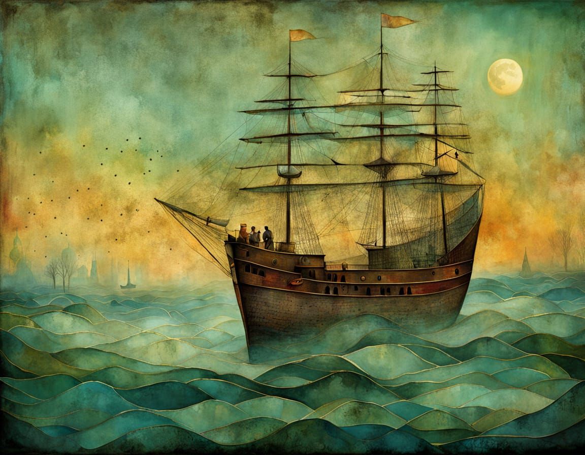 Whimsical Sailing Ship Crewed by Sea Creatures in Earthy Ton...