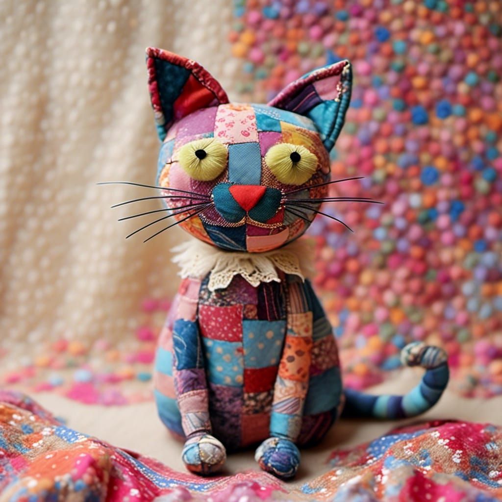 Colorful Patchwork Cat Assemblage Sculpture