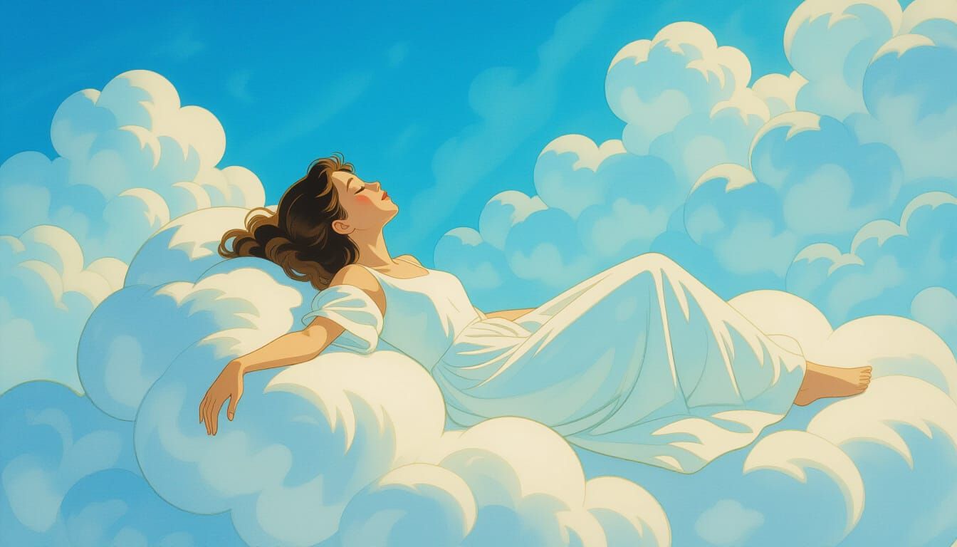 Woman on Cloud in Dreamy Surrealist Style