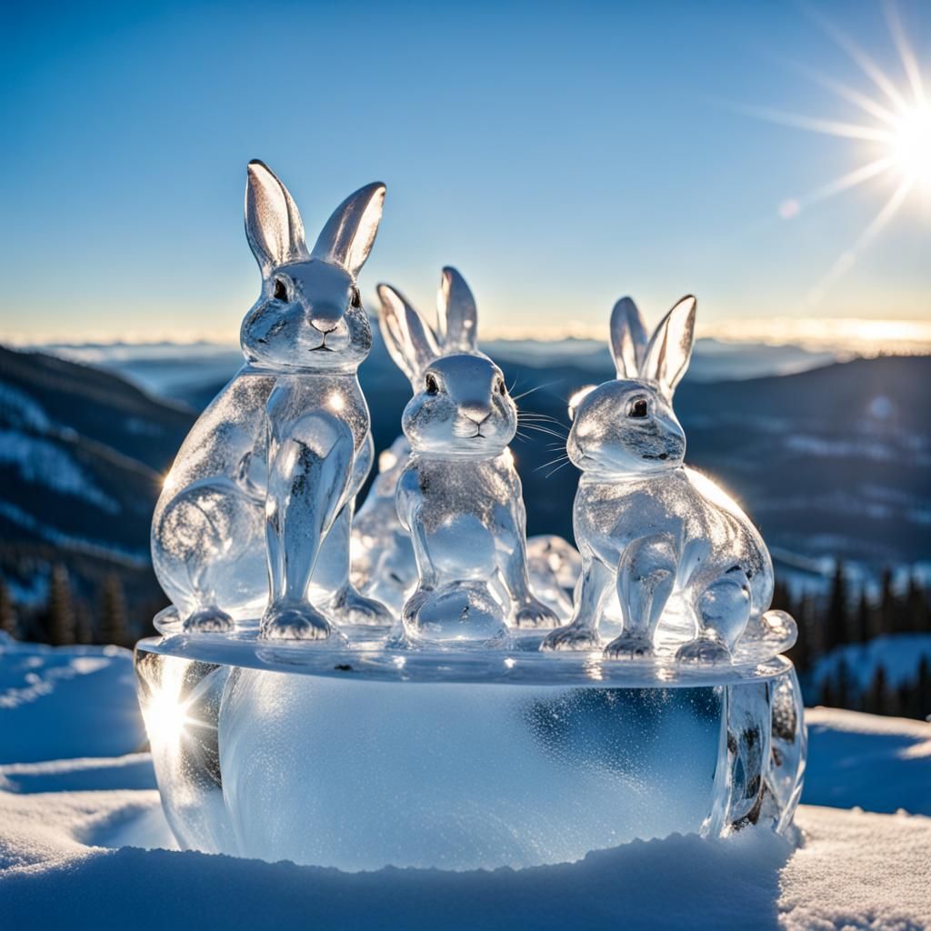 Ice Sculpture of Baby Bunnies on Mountain