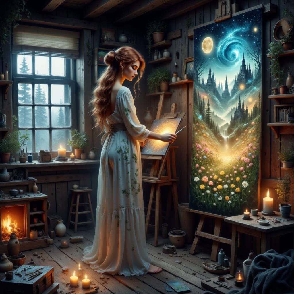 Enchanted Painter Feyre Archeron in a Magical Mountain Cabin