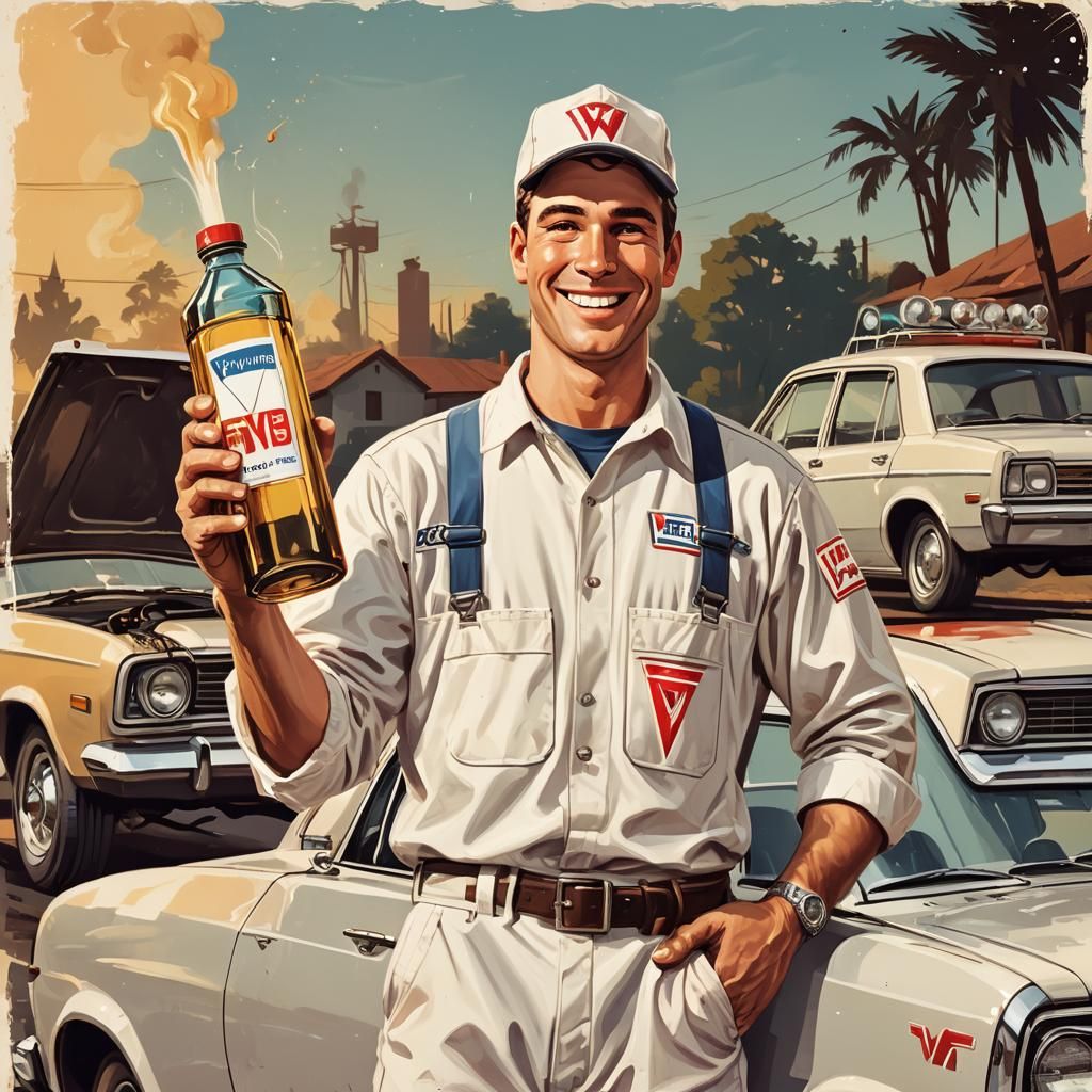 Retro Mechanic Promoting Oil in Vintage Ad Style
