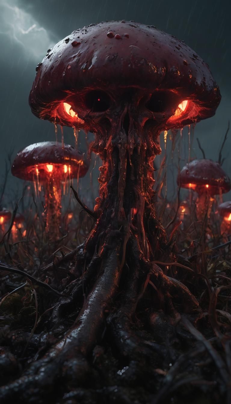 Mushrooms surround from dark,damp cruel cold; (Eyes:1.3) of fire thunderstorms,mouth wide putrid blackened. color correc...
