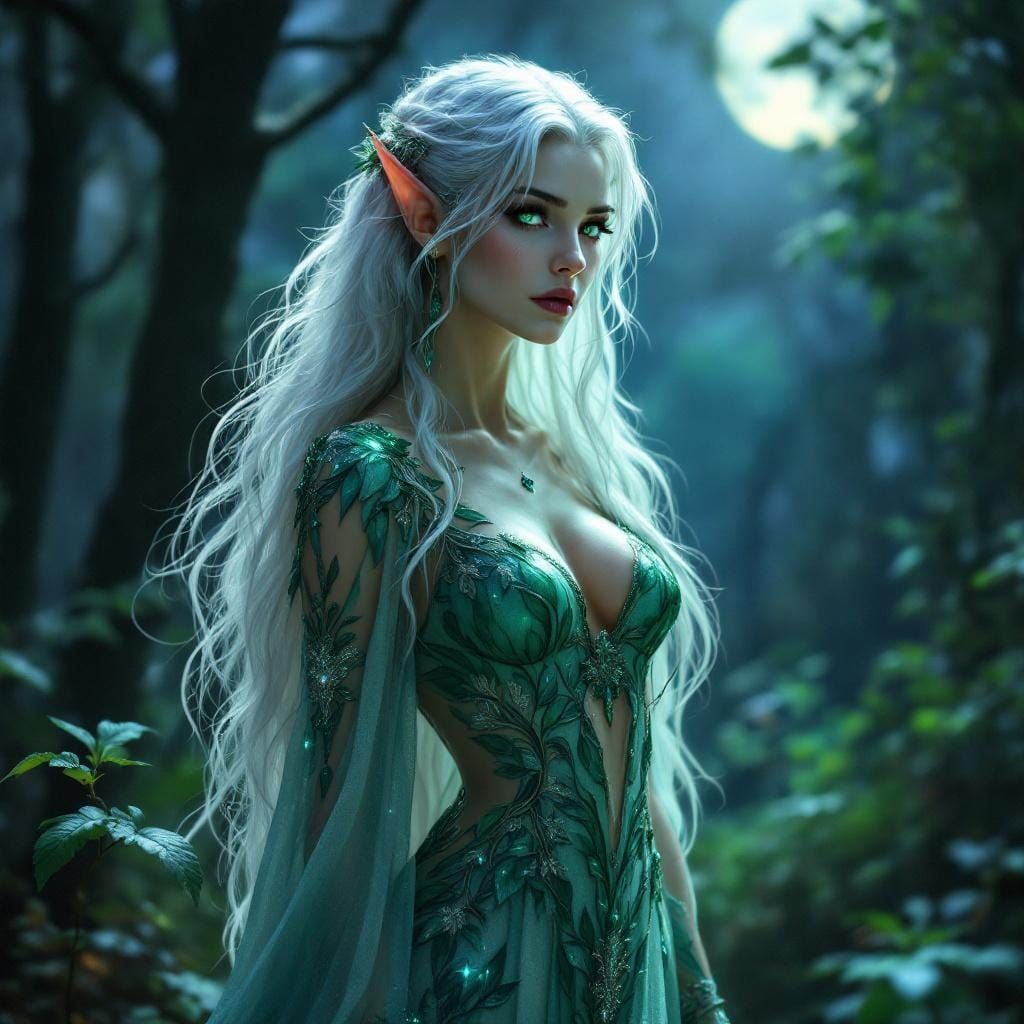 Elven Queen in Moonlit Glade with Mystical Aura