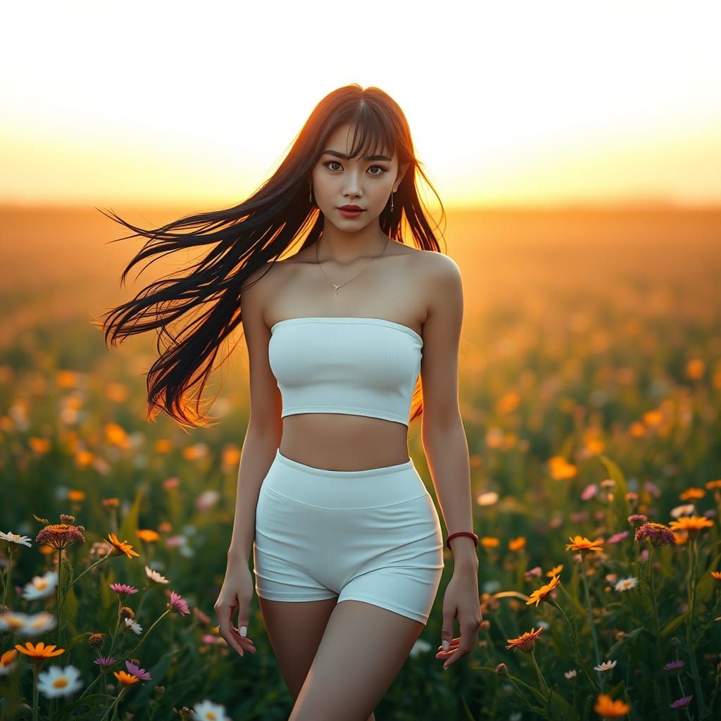 Japanese Woman in Wildflower Field at Dawn