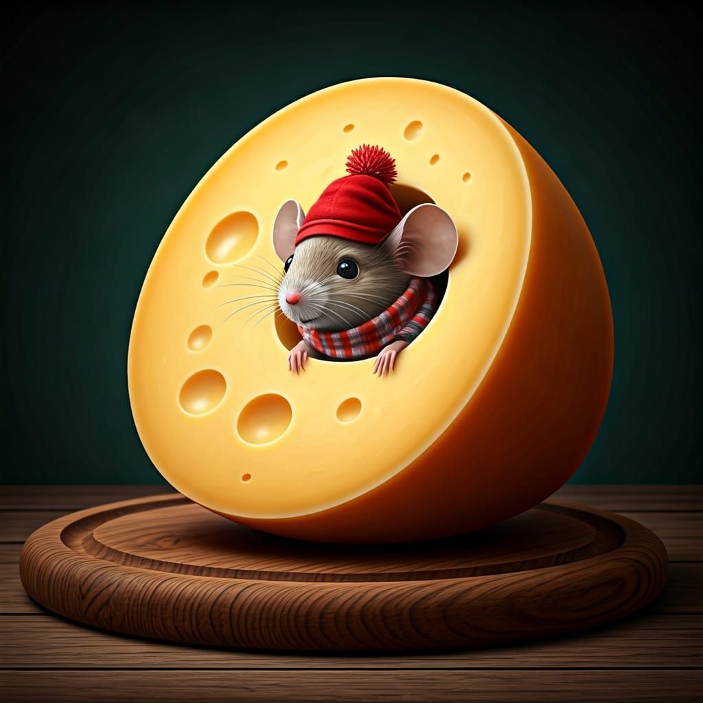 Mouse Peeking From Gouda Cheese in Beatrix Potter Style