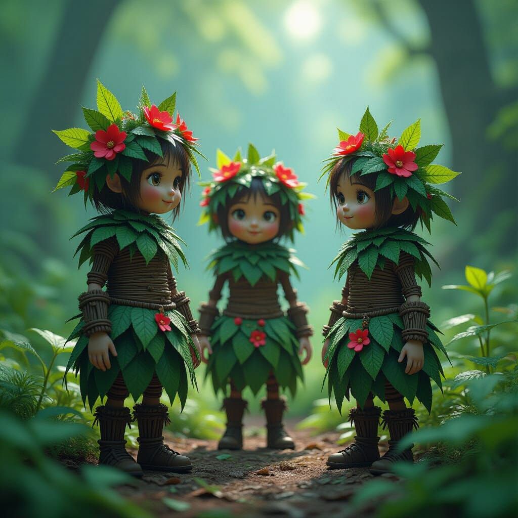 Tiny Forest Folk of Sticks and Leaves in Fantasy Art Style