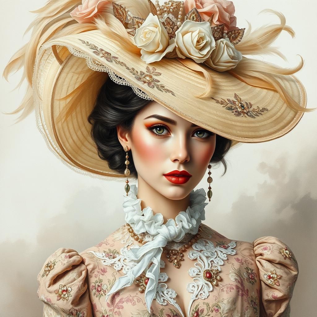 Elegant Woman in Haute Couture Hat, Impasto Painting