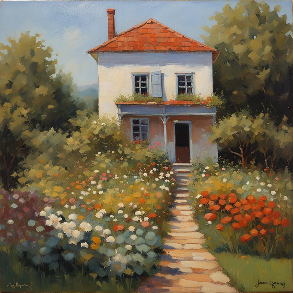 Charming House and Garden: Oil Painting