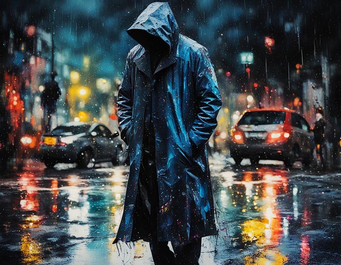 Mysterious Figure in Rainy City: Ink Splatter Art