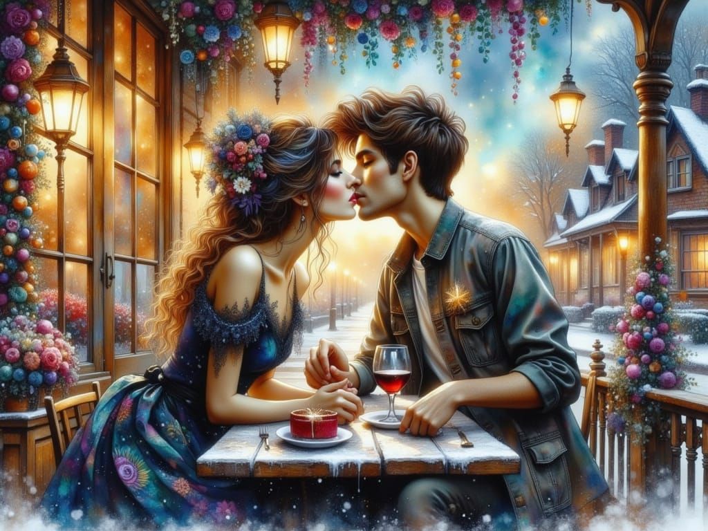 Romantic Village Cafe Scene in Watercolor Style