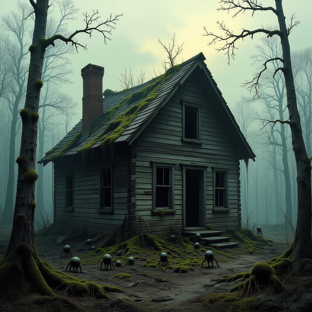 Creepy Cabin in Decaying Forest, Oil Painting Style
