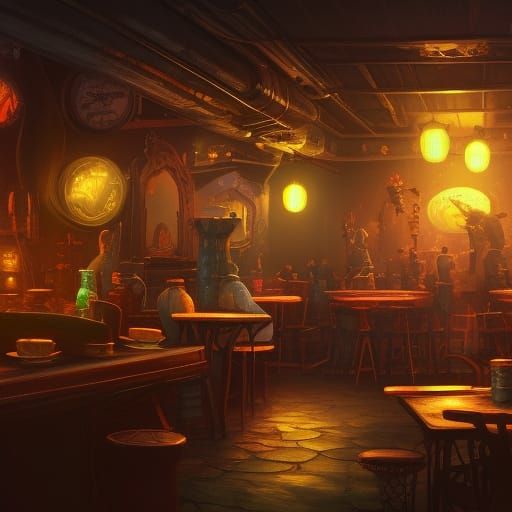 Detailed Night Cafe Matte Painting in Deep Color